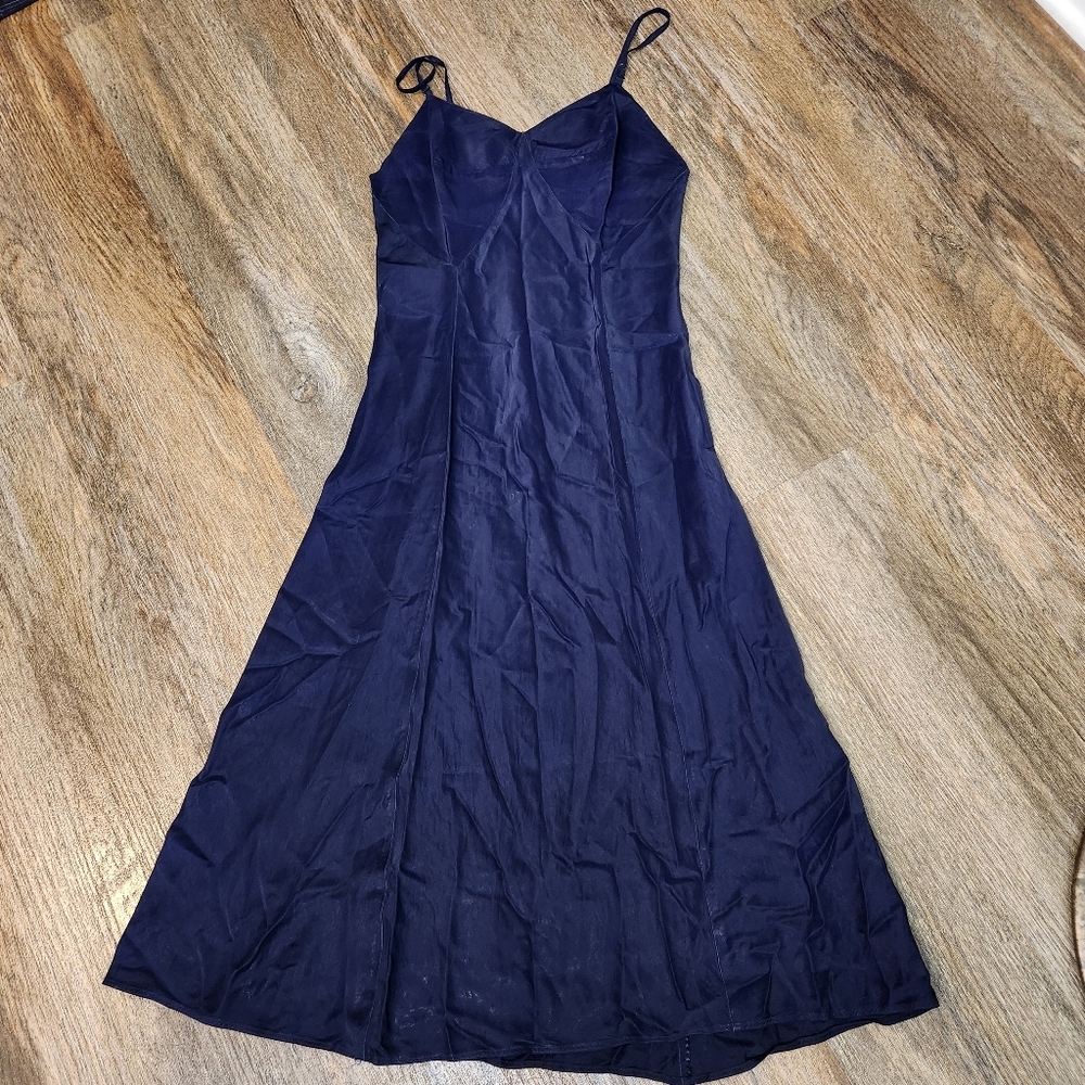 Vtg Barbizon Bryn Fair Rayon Slip Dress Lace Trim Dark Blue 12